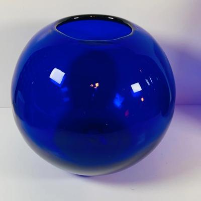 LOT 13: Beautiful Cobalt Blue -Vases Blenko Style Spherical Vase and a Hand Blown Oval Vase