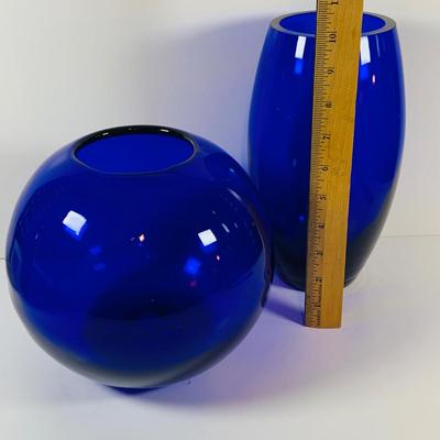 LOT 13: Beautiful Cobalt Blue -Vases Blenko Style Spherical Vase and a Hand Blown Oval Vase