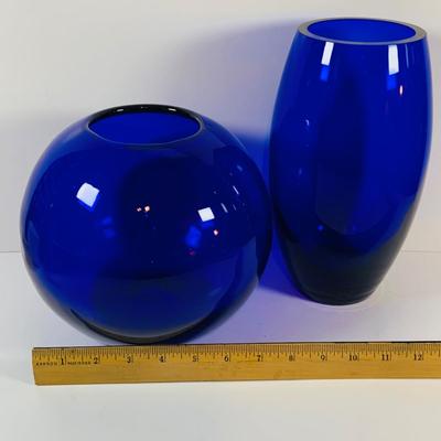 LOT 13: Beautiful Cobalt Blue -Vases Blenko Style Spherical Vase and a Hand Blown Oval Vase