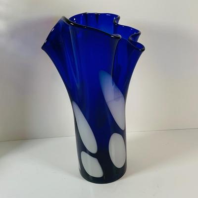 LOT 14 Set of Two (2) Hand Blown Art Glass Ruffle Top Vases