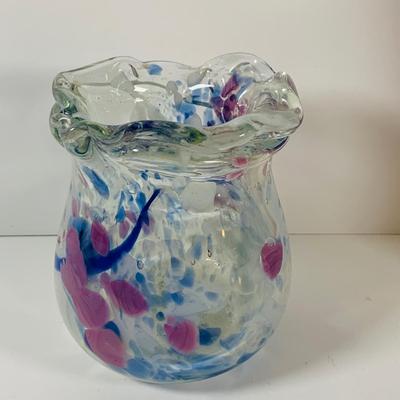 LOT 14 Set of Two (2) Hand Blown Art Glass Ruffle Top Vases