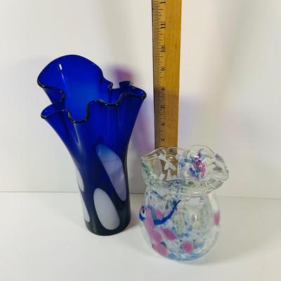 LOT 14 Set of Two (2) Hand Blown Art Glass Ruffle Top Vases