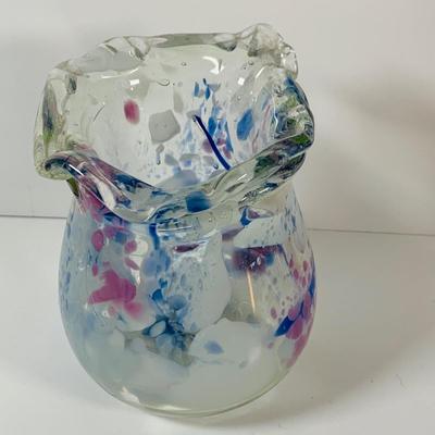 LOT 14 Set of Two (2) Hand Blown Art Glass Ruffle Top Vases