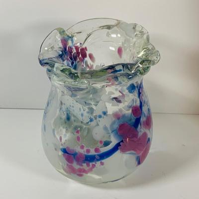 LOT 14 Set of Two (2) Hand Blown Art Glass Ruffle Top Vases