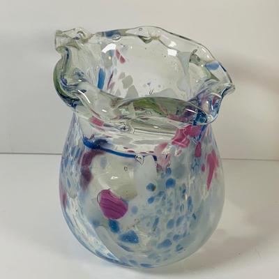 LOT 14 Set of Two (2) Hand Blown Art Glass Ruffle Top Vases