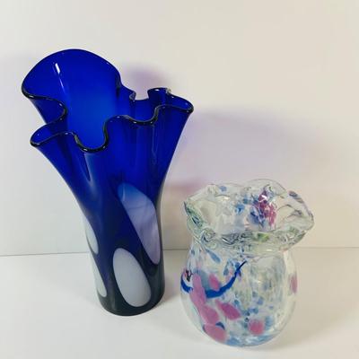 LOT 14 Set of Two (2) Hand Blown Art Glass Ruffle Top Vases