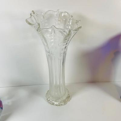 LOT 15: Colorful Art Glass Vase Bottle, Fenton Ruffled Top Vase and Crystal Cut Glass Vase