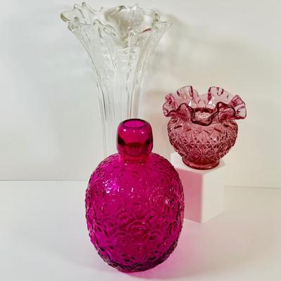 LOT 15: Colorful Art Glass Vase Bottle, Fenton Ruffled Top Vase and Crystal Cut Glass Vase