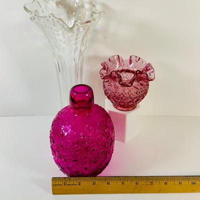 LOT 15: Colorful Art Glass Vase Bottle, Fenton Ruffled Top Vase and Crystal Cut Glass Vase