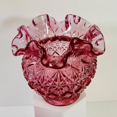 LOT 15: Colorful Art Glass Vase Bottle, Fenton Ruffled Top Vase and Crystal Cut Glass Vase