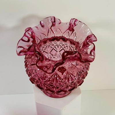 LOT 15: Colorful Art Glass Vase Bottle, Fenton Ruffled Top Vase and Crystal Cut Glass Vase