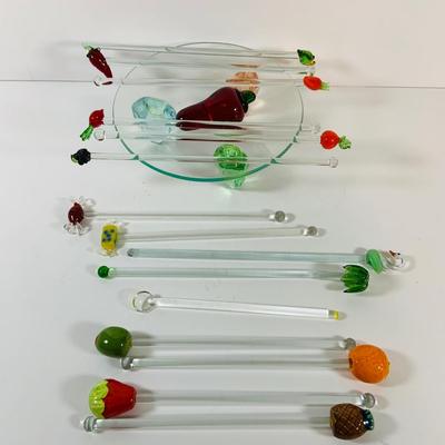 LOT 17: Collection of Glass Swizzle /Cocktail Stirrers, Glass Candy Dish and More