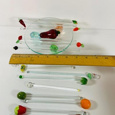 LOT 17: Collection of Glass Swizzle /Cocktail Stirrers, Glass Candy Dish and More