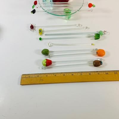 LOT 17: Collection of Glass Swizzle /Cocktail Stirrers, Glass Candy Dish and More