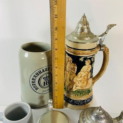 LOT 19: Collection of German Beer Steins and Mugs -Glass and Ceramic