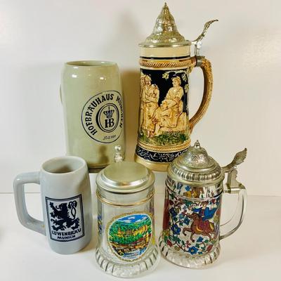 LOT 19: Collection of German Beer Steins and Mugs -Glass and Ceramic