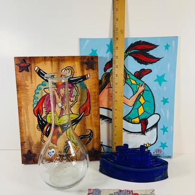 LOT 25: Mermaid Art by James Dampier, Javit Crystal Decanter with Etched Sailboat, Glass Boat Candy Dish