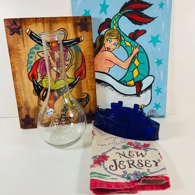 LOT 25: Mermaid Art by James Dampier, Javit Crystal Decanter with Etched Sailboat, Glass Boat Candy Dish