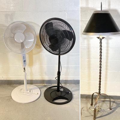LOT 57: Twisted Corkscrew Metal Lamp and Pair of Stand Fans