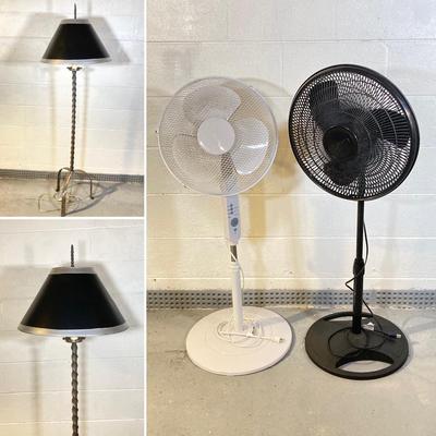 LOT 57: Twisted Corkscrew Metal Lamp and Pair of Stand Fans