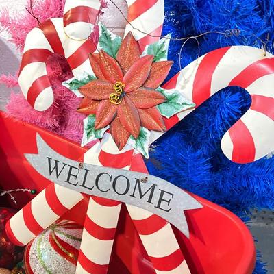 LOT 59: Colorful Christmas Trees and Tote filled with Decorations
