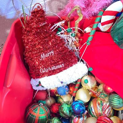LOT 59: Colorful Christmas Trees and Tote filled with Decorations