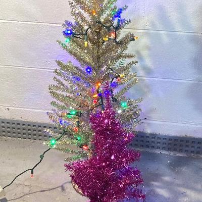 LOT 59: Colorful Christmas Trees and Tote filled with Decorations