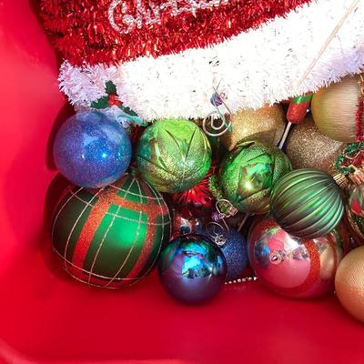 LOT 59: Colorful Christmas Trees and Tote filled with Decorations