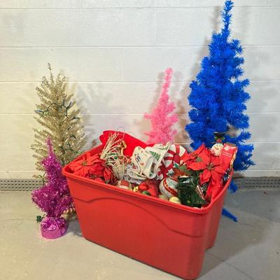 LOT 59: Colorful Christmas Trees and Tote filled with Decorations