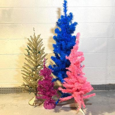 LOT 59: Colorful Christmas Trees and Tote filled with Decorations