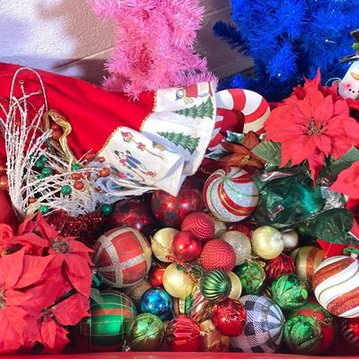 LOT 59: Colorful Christmas Trees and Tote filled with Decorations