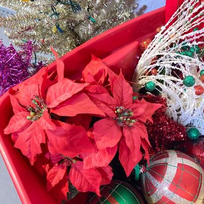 LOT 59: Colorful Christmas Trees and Tote filled with Decorations