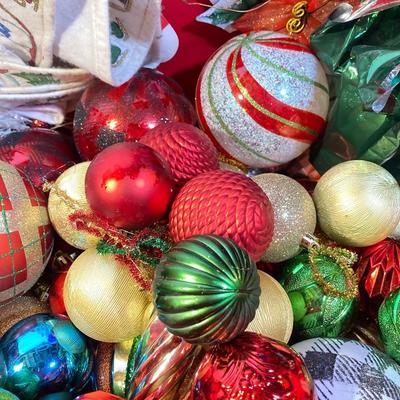 LOT 59: Colorful Christmas Trees and Tote filled with Decorations