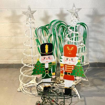 LOT 62: Inflatable Snowman, Lighted Rudolph, Lighted Candy Canes, Pair of Collapsible Lighted Christmas Trees