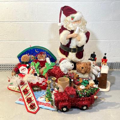 LOT 65: Large Christmas Collection - Mechanical / Musical Santa, Brass Candlestick Holders, Plush Animals, Signs and Much More