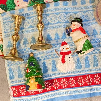 LOT 65: Large Christmas Collection - Mechanical / Musical Santa, Brass Candlestick Holders, Plush Animals, Signs and Much More