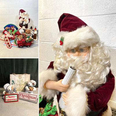 LOT 65: Large Christmas Collection - Mechanical / Musical Santa, Brass Candlestick Holders, Plush Animals, Signs and Much More