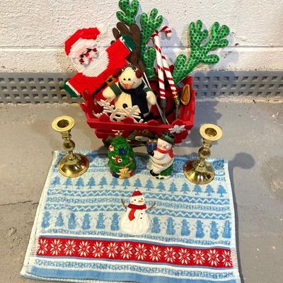 LOT 65: Large Christmas Collection - Mechanical / Musical Santa, Brass Candlestick Holders, Plush Animals, Signs and Much More