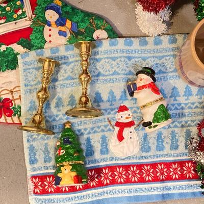 LOT 65: Large Christmas Collection - Mechanical / Musical Santa, Brass Candlestick Holders, Plush Animals, Signs and Much More