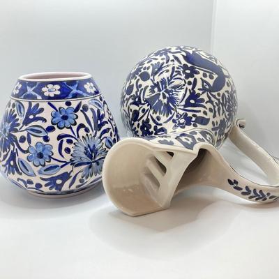 LOT 77: Hand Painted in Greece Potterty / Ceramic Pitcher and Vase