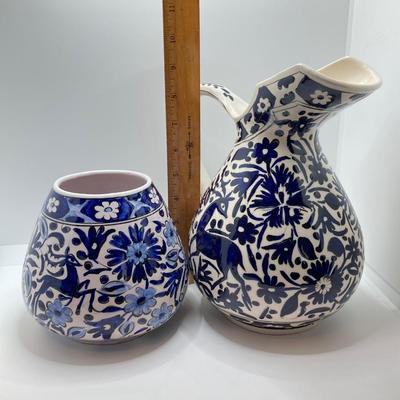 LOT 77: Hand Painted in Greece Potterty / Ceramic Pitcher and Vase