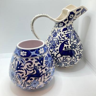 LOT 77: Hand Painted in Greece Potterty / Ceramic Pitcher and Vase