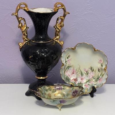 LOT 88 Vintage Hand Painted Nippon Footed Bowl, Floral Haviland, France Plate & Hand Decorated, Made in Italy Vase
