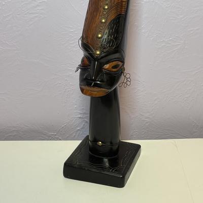 LOT 90: Vintage Carved Wooden Tribal Statue w/Metal Accents, Hand Made in Kenya Wall Art/Trivet along with 2 Black Onyx Statues