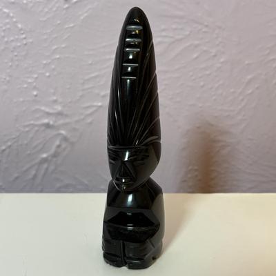 LOT 90: Vintage Carved Wooden Tribal Statue w/Metal Accents, Hand Made in Kenya Wall Art/Trivet along with 2 Black Onyx Statues