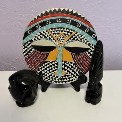 LOT 90: Vintage Carved Wooden Tribal Statue w/Metal Accents, Hand Made in Kenya Wall Art/Trivet along with 2 Black Onyx Statues