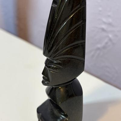 LOT 90: Vintage Carved Wooden Tribal Statue w/Metal Accents, Hand Made in Kenya Wall Art/Trivet along with 2 Black Onyx Statues