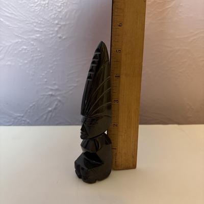 LOT 90: Vintage Carved Wooden Tribal Statue w/Metal Accents, Hand Made in Kenya Wall Art/Trivet along with 2 Black Onyx Statues