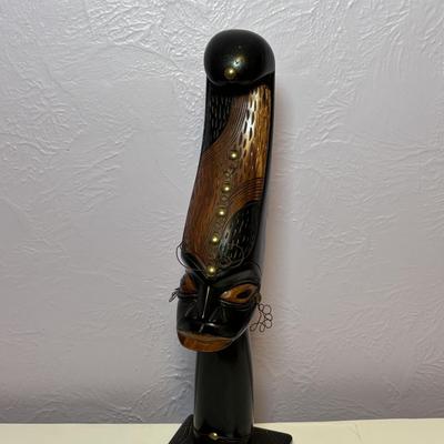 LOT 90: Vintage Carved Wooden Tribal Statue w/Metal Accents, Hand Made in Kenya Wall Art/Trivet along with 2 Black Onyx Statues
