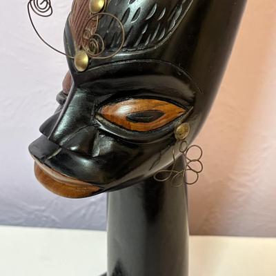 LOT 90: Vintage Carved Wooden Tribal Statue w/Metal Accents, Hand Made in Kenya Wall Art/Trivet along with 2 Black Onyx Statues